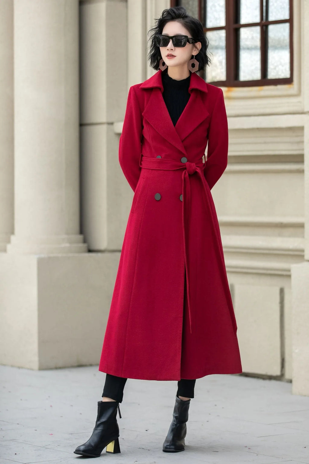 Red Wool Maxi Coat - Double-Breasted Fit & Flare Silhouette 5348