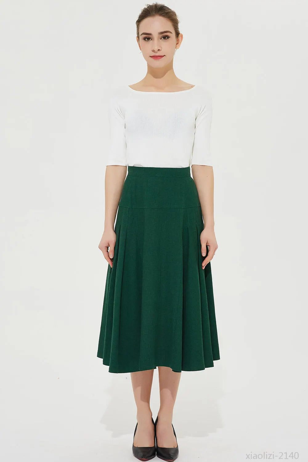 Midi Linen Skirt in Forest Green - High-Waisted Pleated A-Line 2140