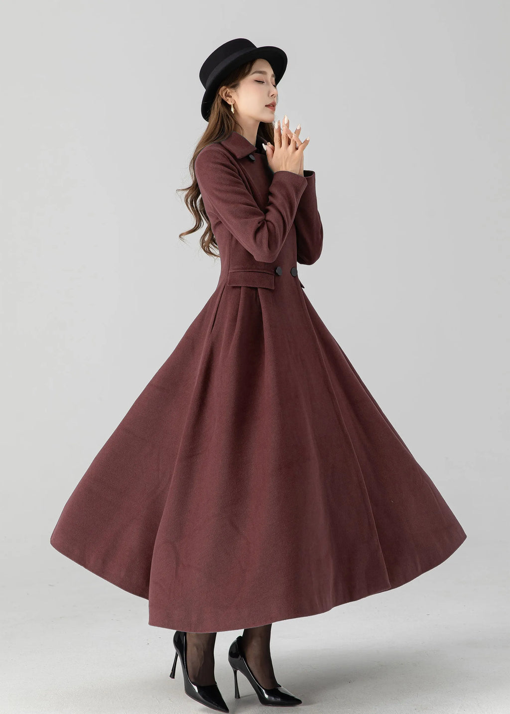 Burgundy Wool Long Coat - Vintage Inspired A-Line Swing 5506