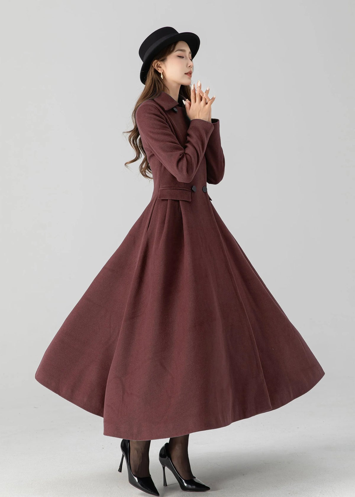 Burgundy Wool Long Coat - Vintage Inspired A-Line Swing 5506