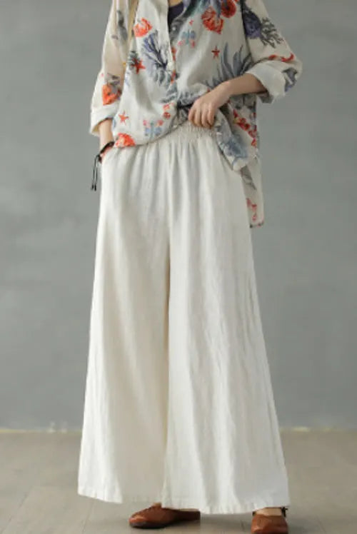 White Linen Blend Palazzo Pants - Elastic Waist, Relaxed Fit 2866