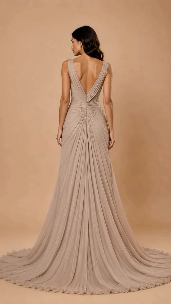 Taupe Ruched V‐Neck Chiffon Evening Gown With Floral