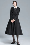 Vintage Black Wool Blend Coat – Elegant Double-Breasted Fit & Flare Maxi Coat 