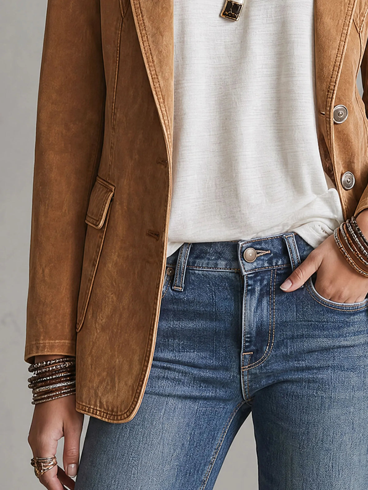 Casual Retro Camel Denim Blazer