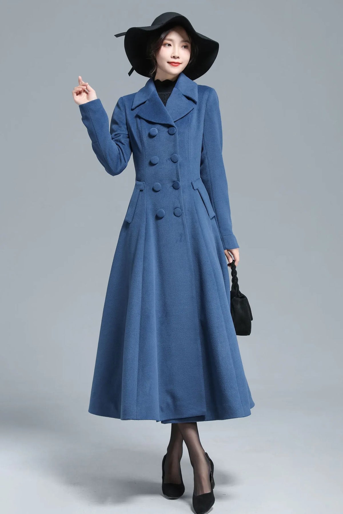 Blue Wool Maxi Coat - Vintage Inspired Fit & Flare Silhouette 3127
