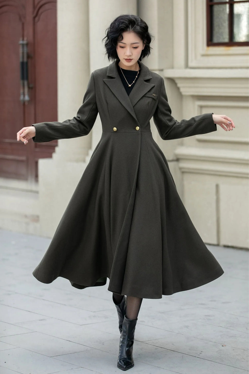 Army Green Wool Fit and Flare Double Breasted Coat - Fitted Waist 5459