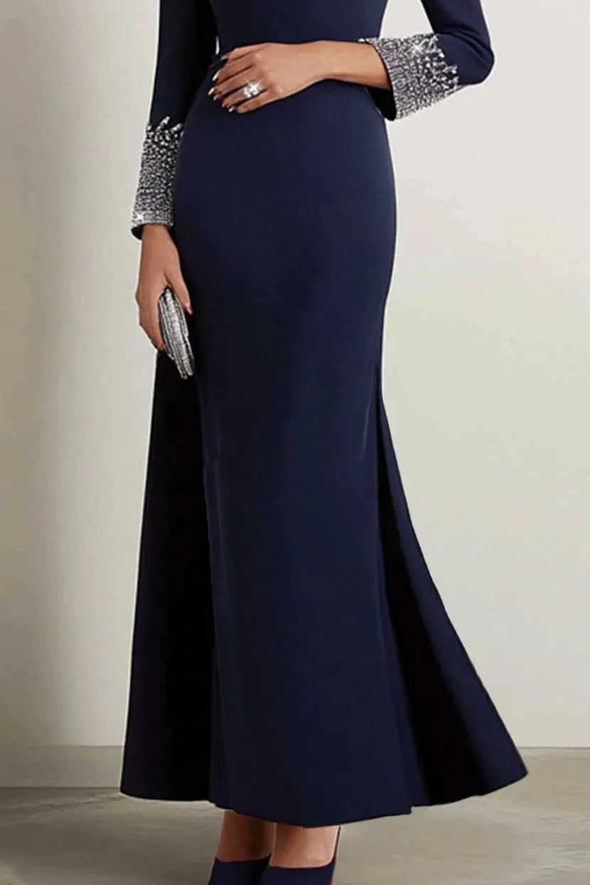 Elegant Dress Navy Boat Neck Rhinestone Maxi Dress Mother of the Bride Dress