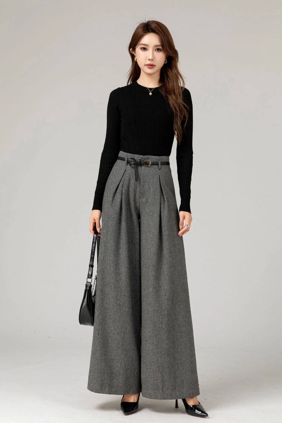 Gray Wool Wide-Leg Pants - High Waist Fitted 