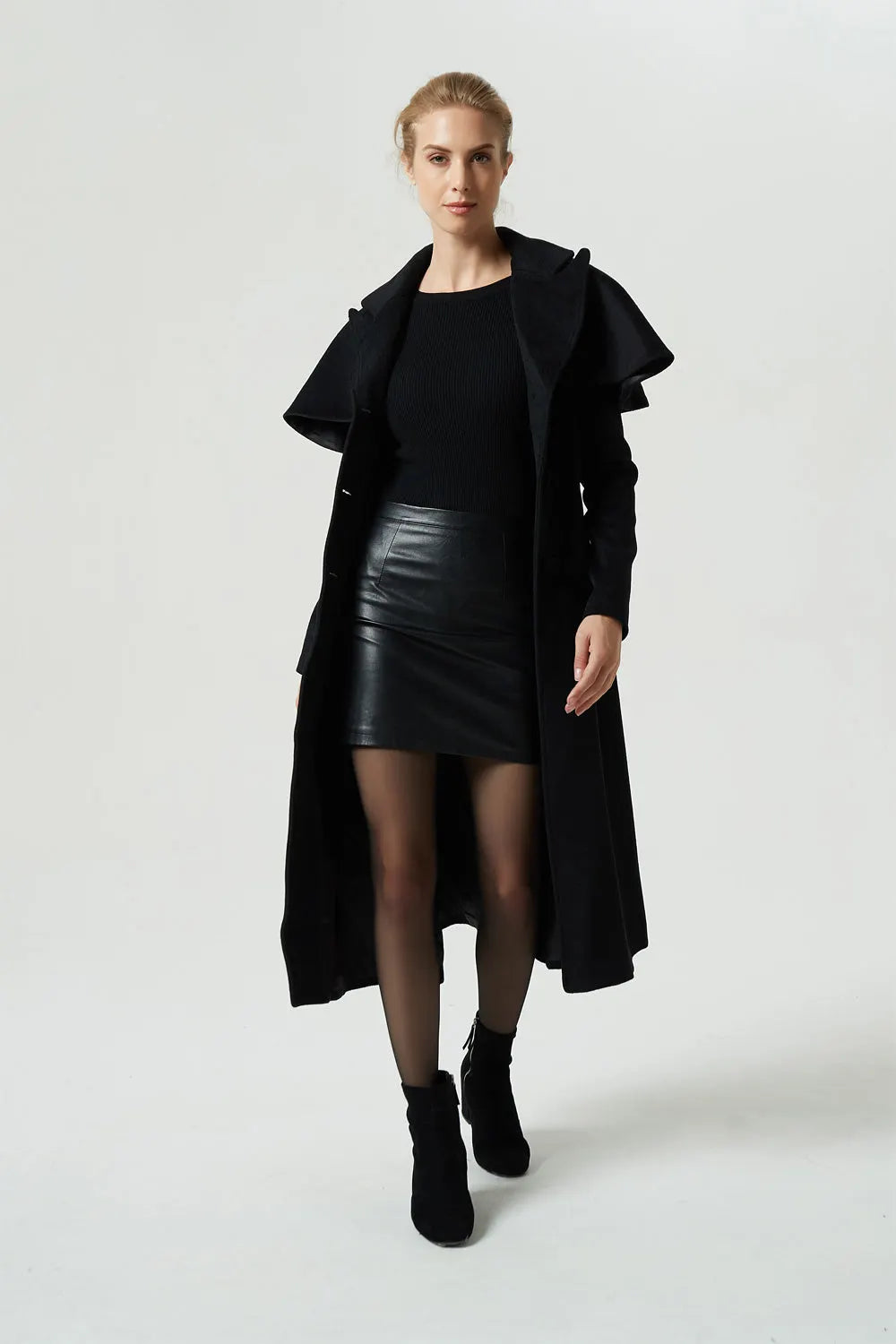 Vintage Wool Coat for Women – Handmade Black Fit and Flare Winter Cape Coat 