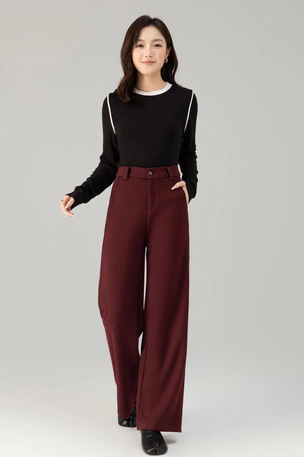 Burgundy Wool Wide Leg Pants - Loose Fitting Casual Winter 6465