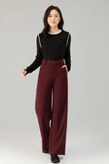 Burgundy Wool Wide Leg Pants - Loose Fitting Casual Winter 6465