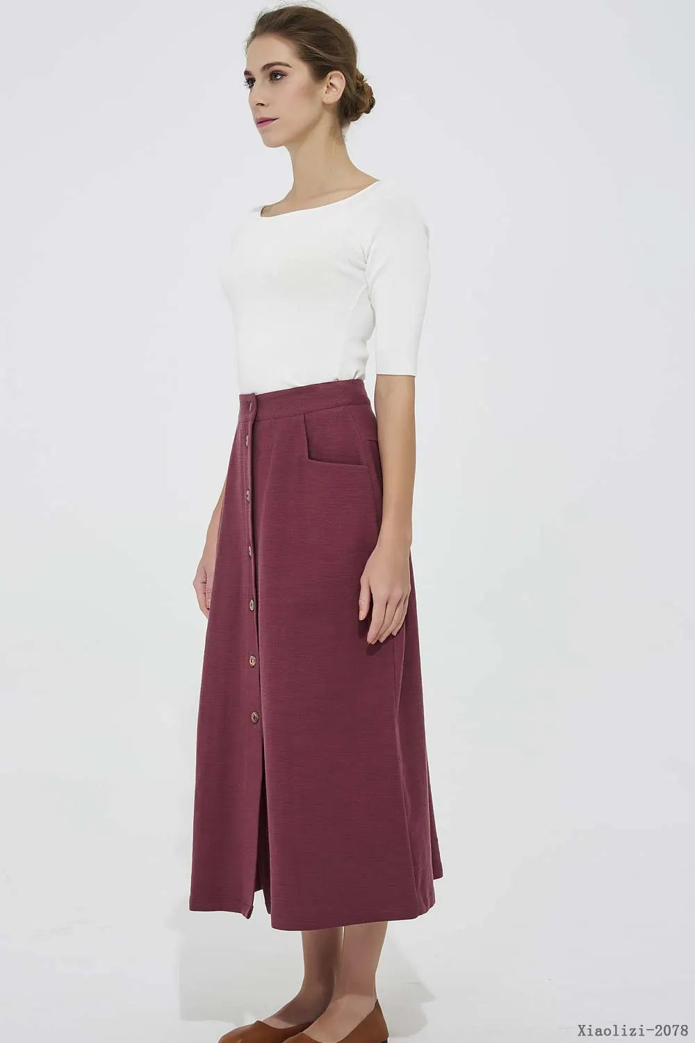 Wine Red Linen Midi Skirt - Button Front Fitted Waist 