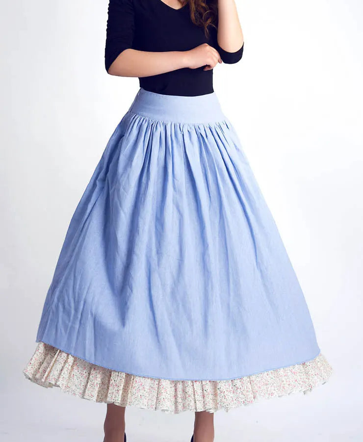 Handmade Blue Linen Cotton Skirt – Vintage Layered A-Line Maxi Skirt with Pockets 