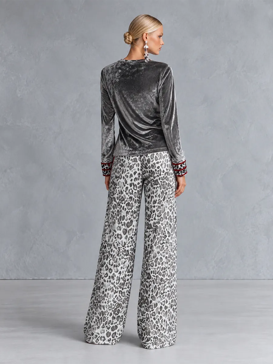Chic Casual Striped Trim Grey Leopard-print Wide-leg Pants