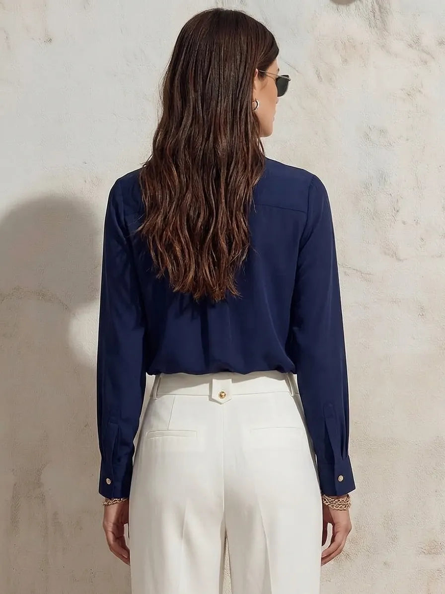 Nautical Riviera Navy Blue Matte Satin Long Sleeve Button Down Shirt