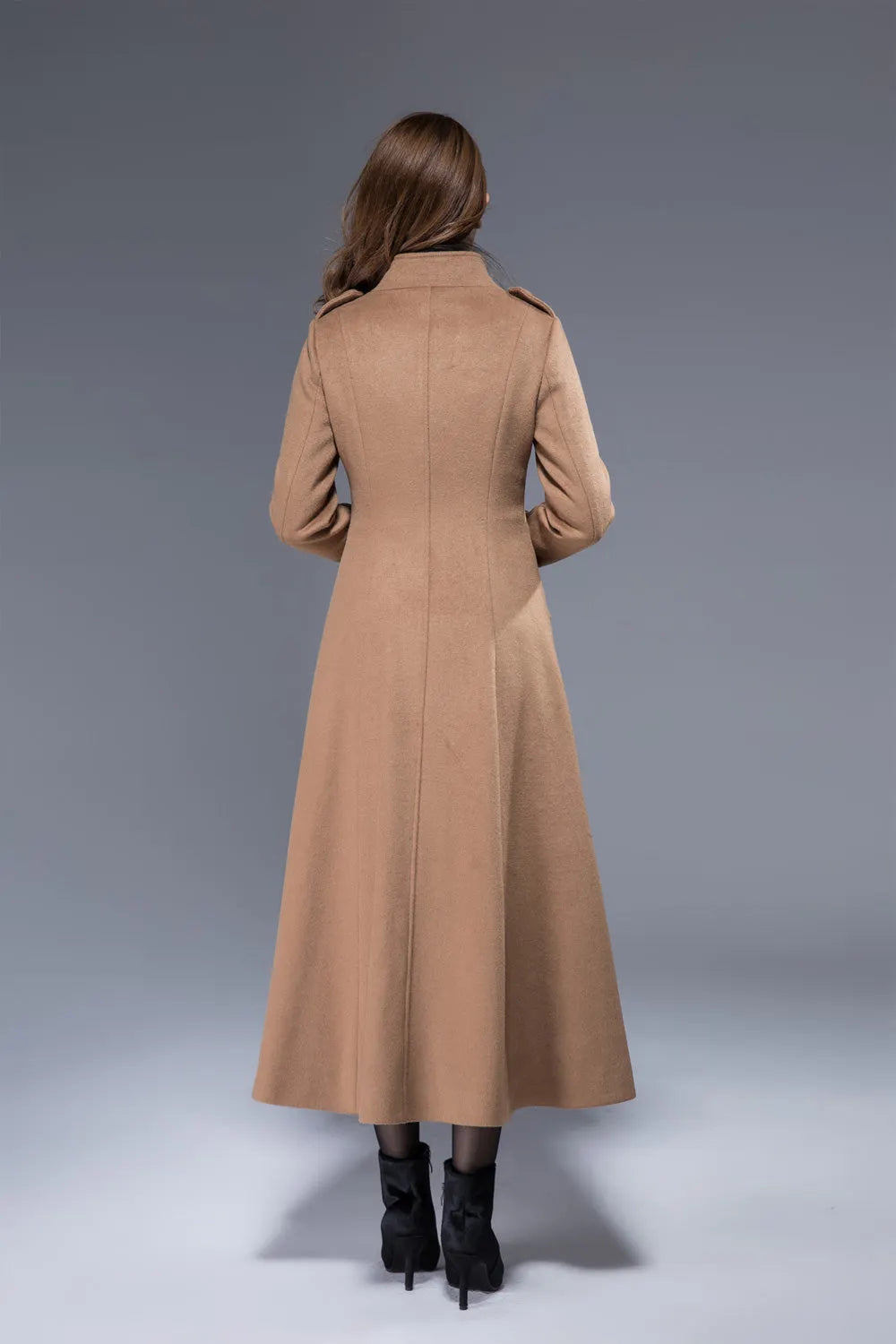 Xiaolizi Camel Long Wool Coat for Women – Handmade High-Neck Fit-and-Flare Winter Coat 1826