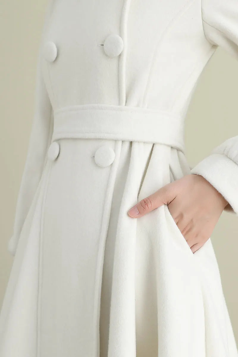 Handmade White Wool Coat – Long A-Line Swing Winter & Wedding Overcoat for Women 