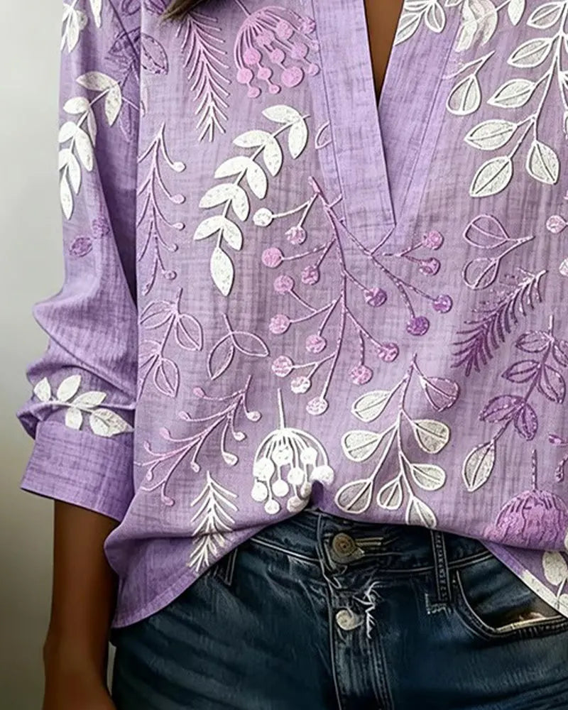 Women's V-Neck Floral Embroidered Blouse, Long Sleeve Notch Collar Linen Blend Top