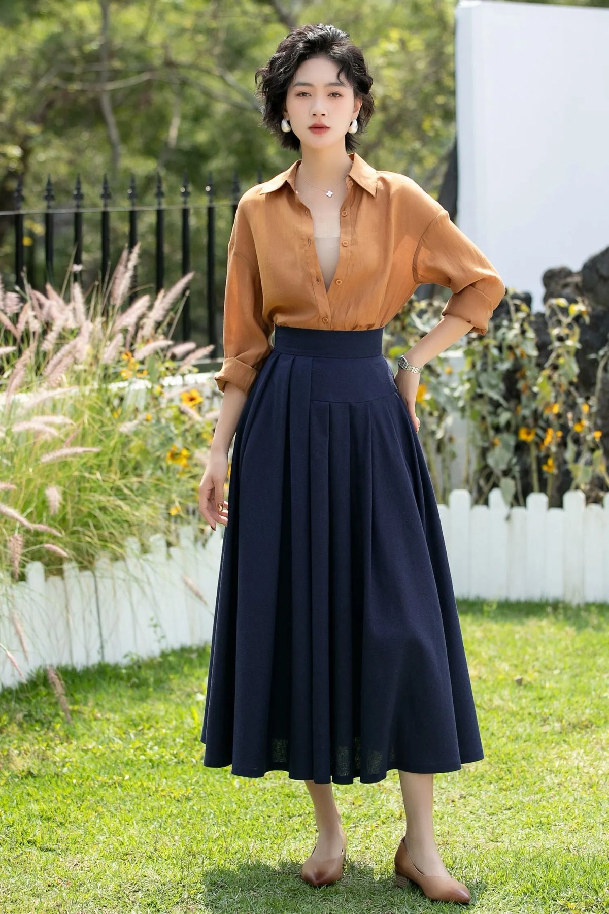 Deep Navy Linen Cotton Midi Skirt High Waist 