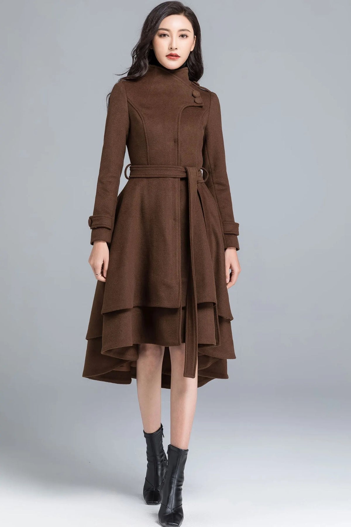 Brown Wool Coat - Asymmetrical Tiered Hem with Self Tie Belt c2491