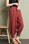 Rust Red Linen Cotton Wide Leg Pants - Back Elastic Waist Comfort 2607