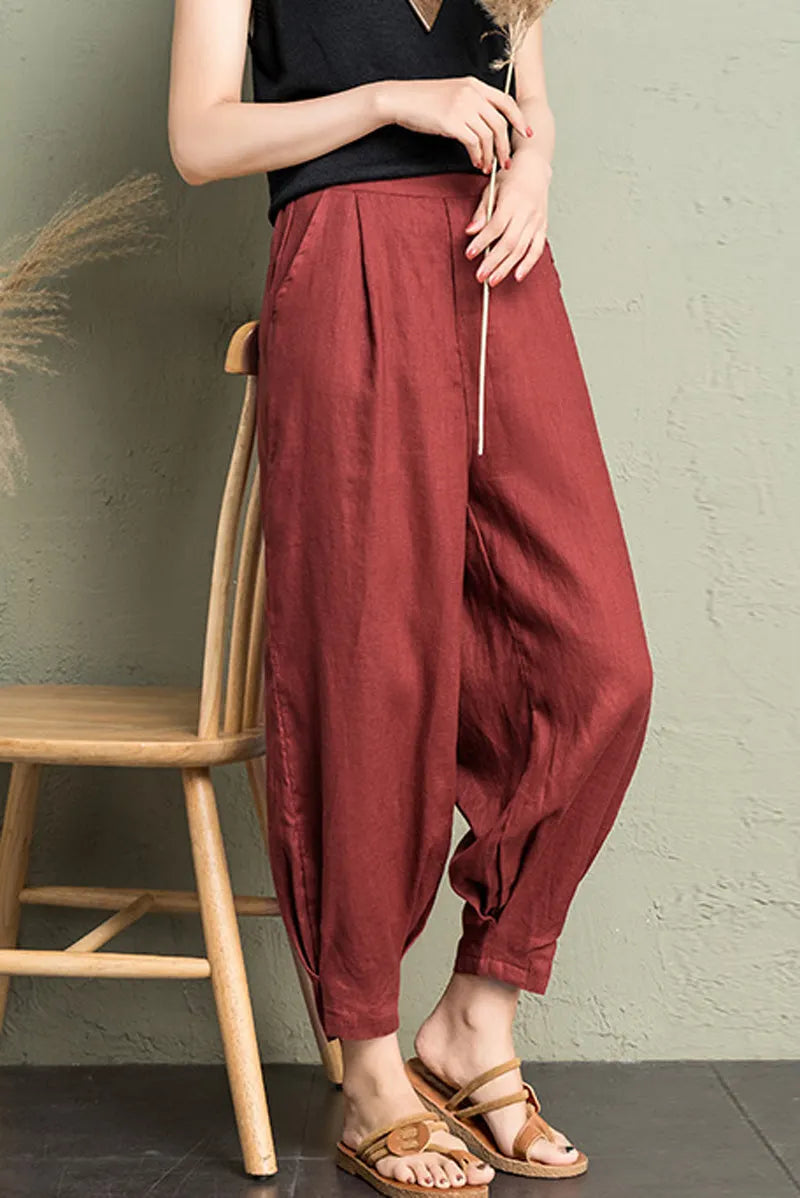 Rust Red Linen Cotton Wide Leg Pants - Back Elastic Waist Comfort 2607