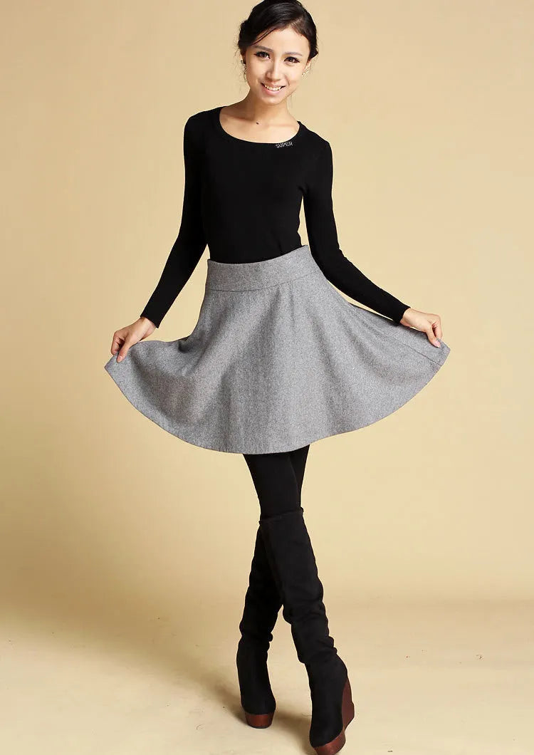 Gray Wool Mini Skirt - High Waist A-Line Flare 
