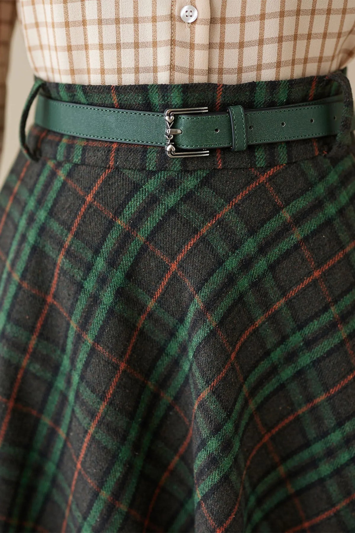Green Plaid Wool Maxi Skirt – Vintage High Waist Ankle Length Winter Skirt with Pockets 4624