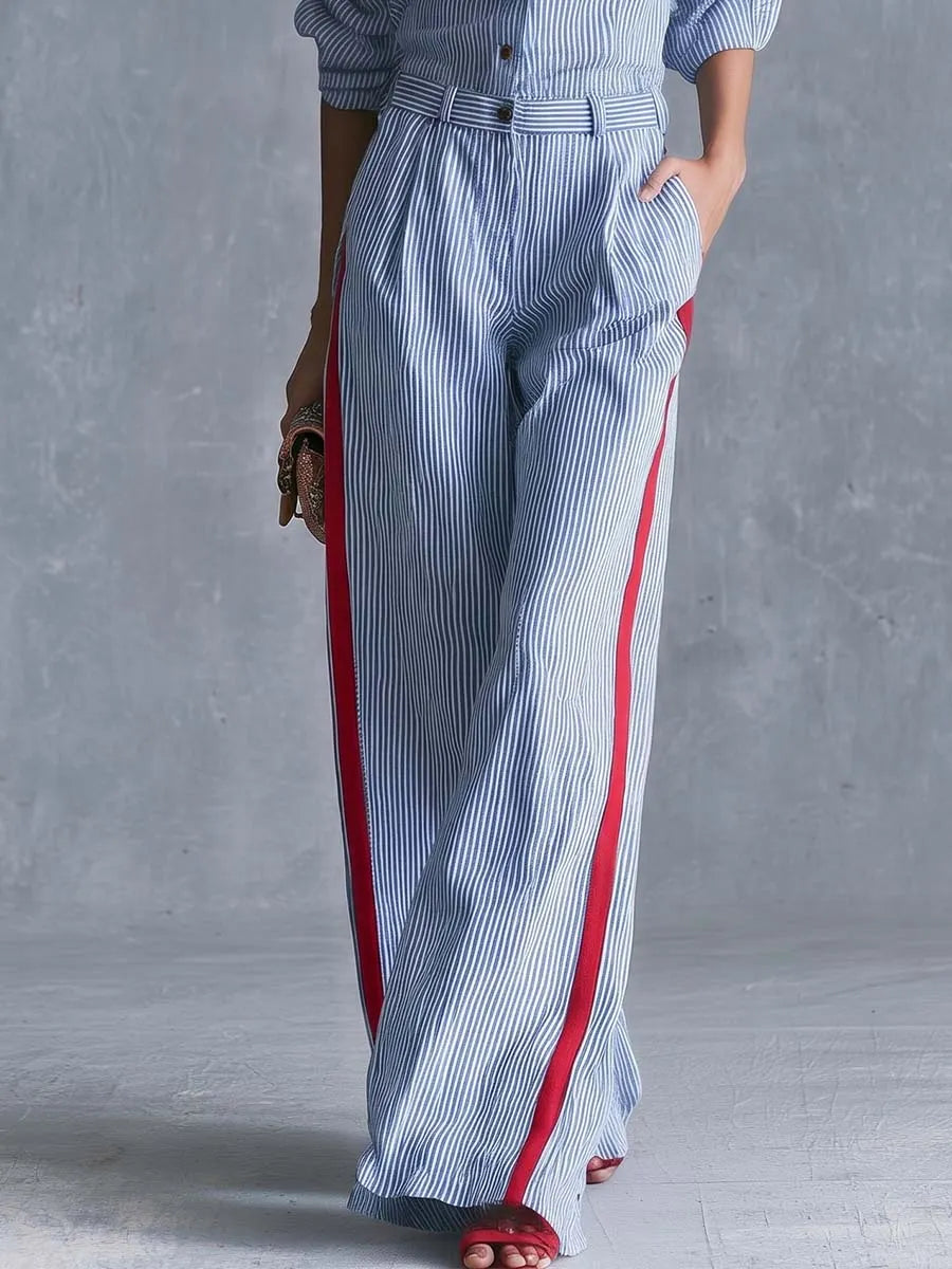 Casual Fashion Lapel Button-front Light Blue Striped Jumpsuit