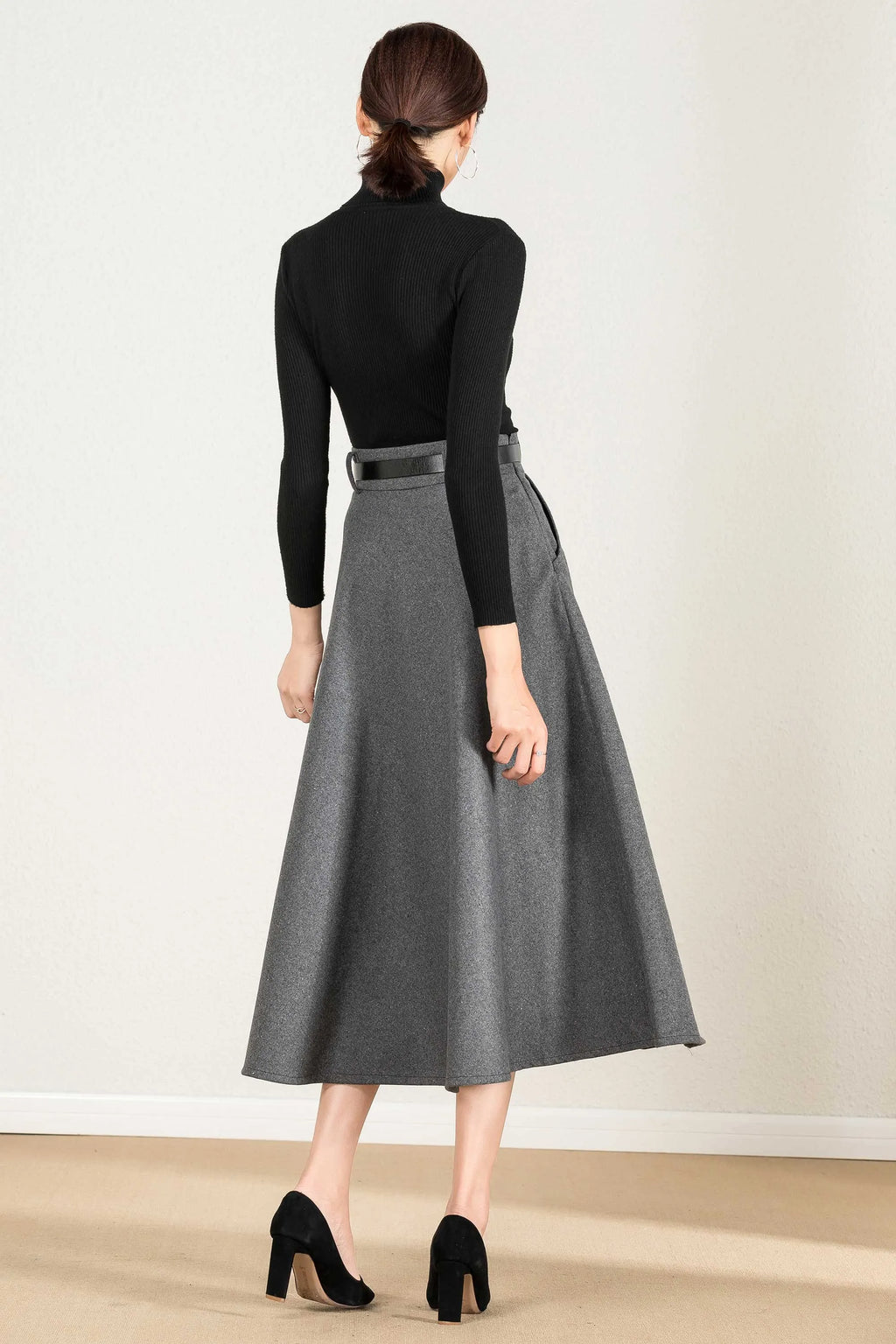 Gray Wool A-Line Maxi Skirt - Elegant Flowy Silhouette 2428