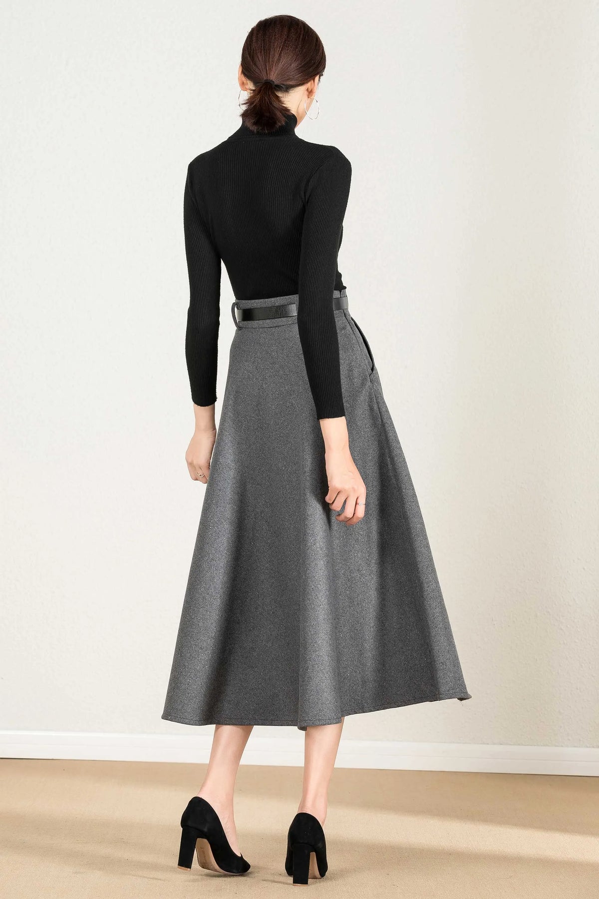 Gray Wool A-Line Maxi Skirt - Elegant Flowy Silhouette 2428