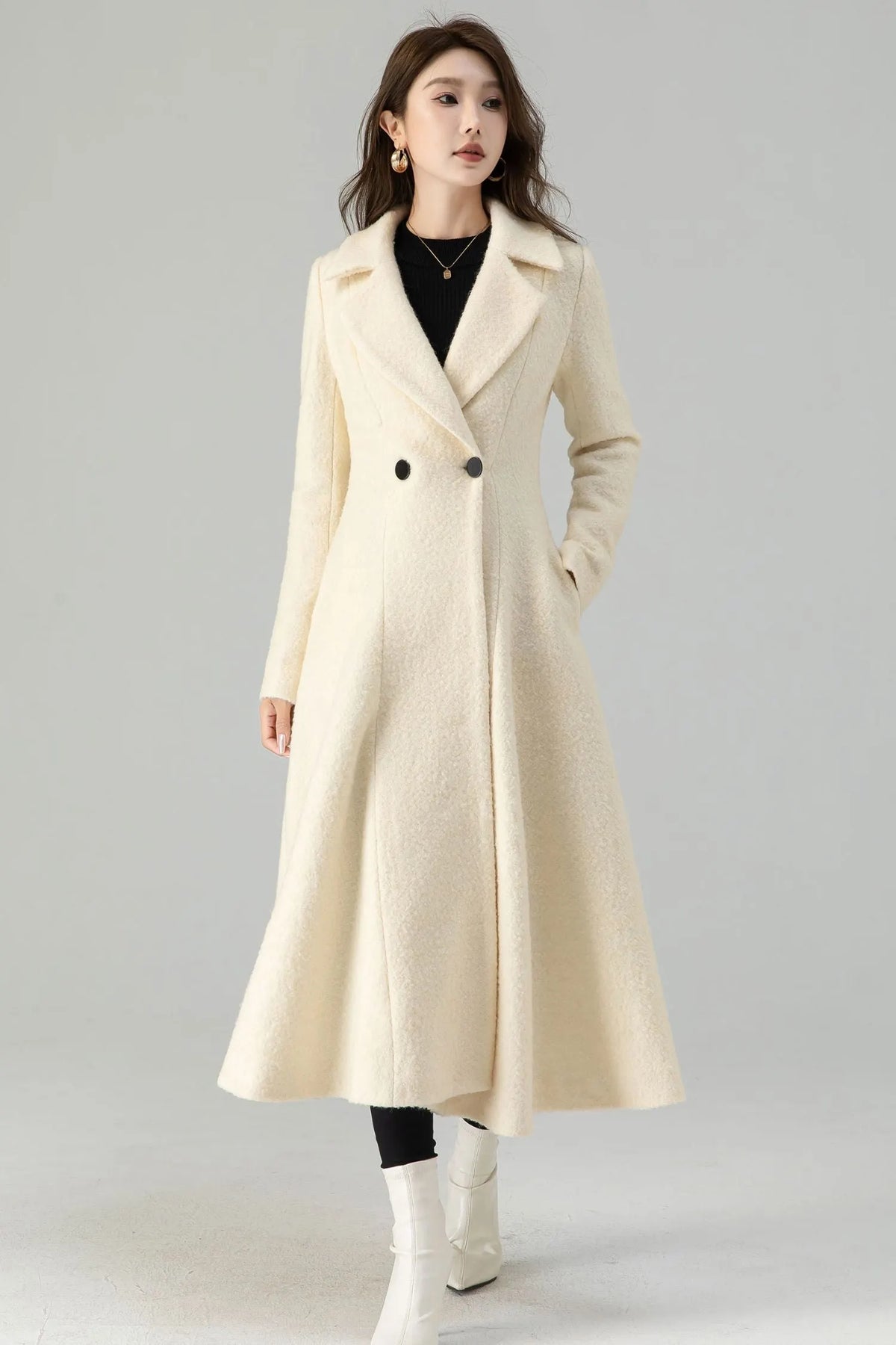 Off White Wool Maxi Coat - Fit and Flare Double Breasted 4559