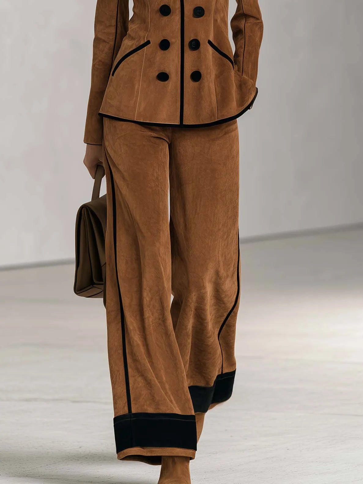 Vintage Cognac Faux Suede Double-Breasted Blazer And Wide-Leg Pants Set For Women