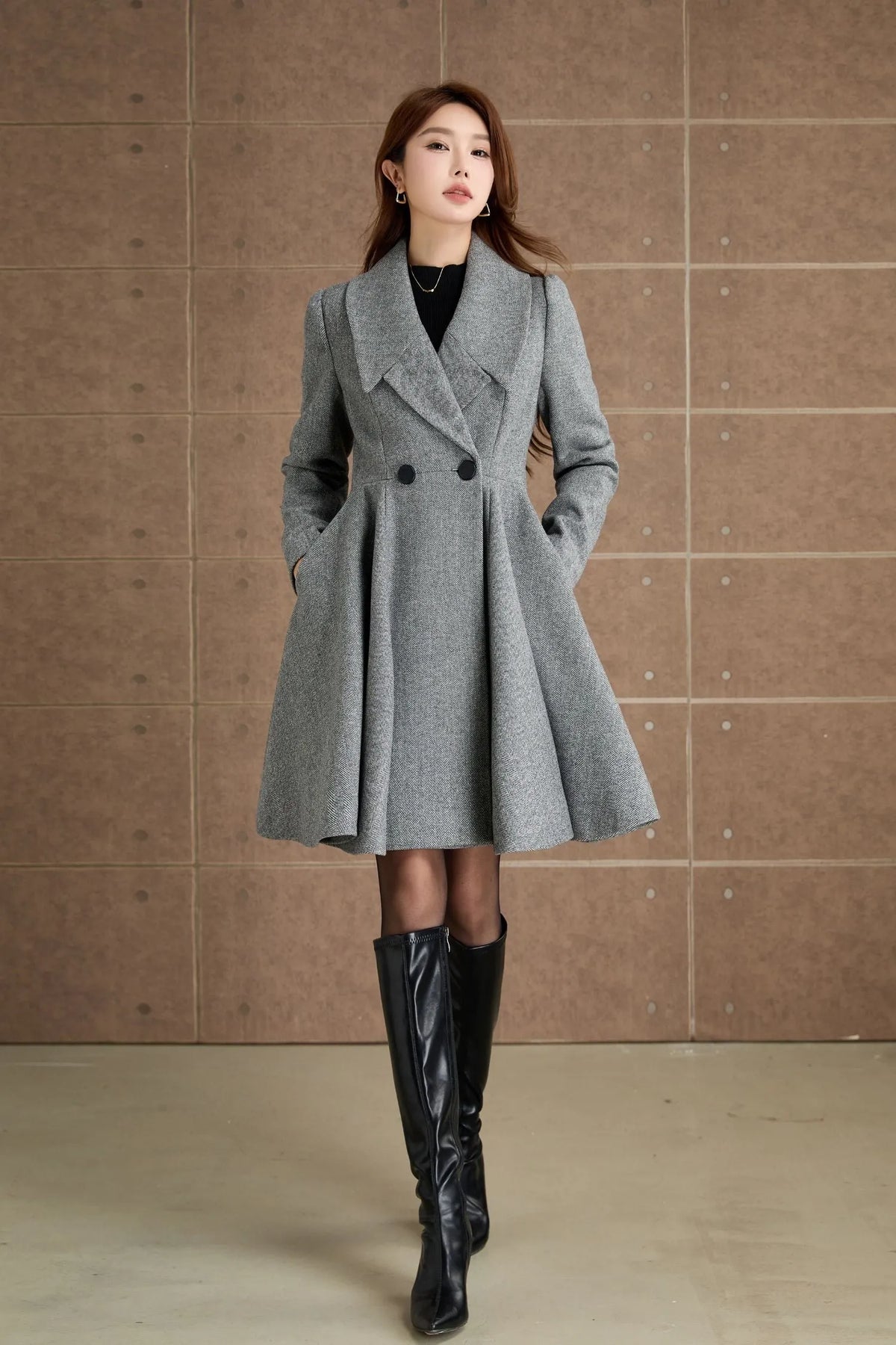 Wool Blend Fit and Flare Coat – Gray Double Breasted Coat with Pockets 5365