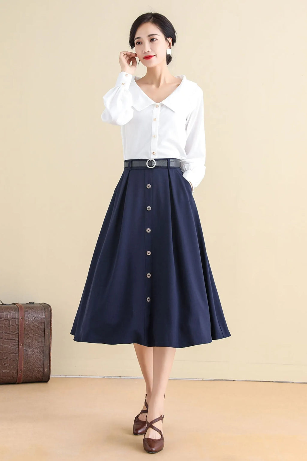 Navy Buttoned Cotton Blend Midi Skirt - A-Line, Vintage Inspired 2786