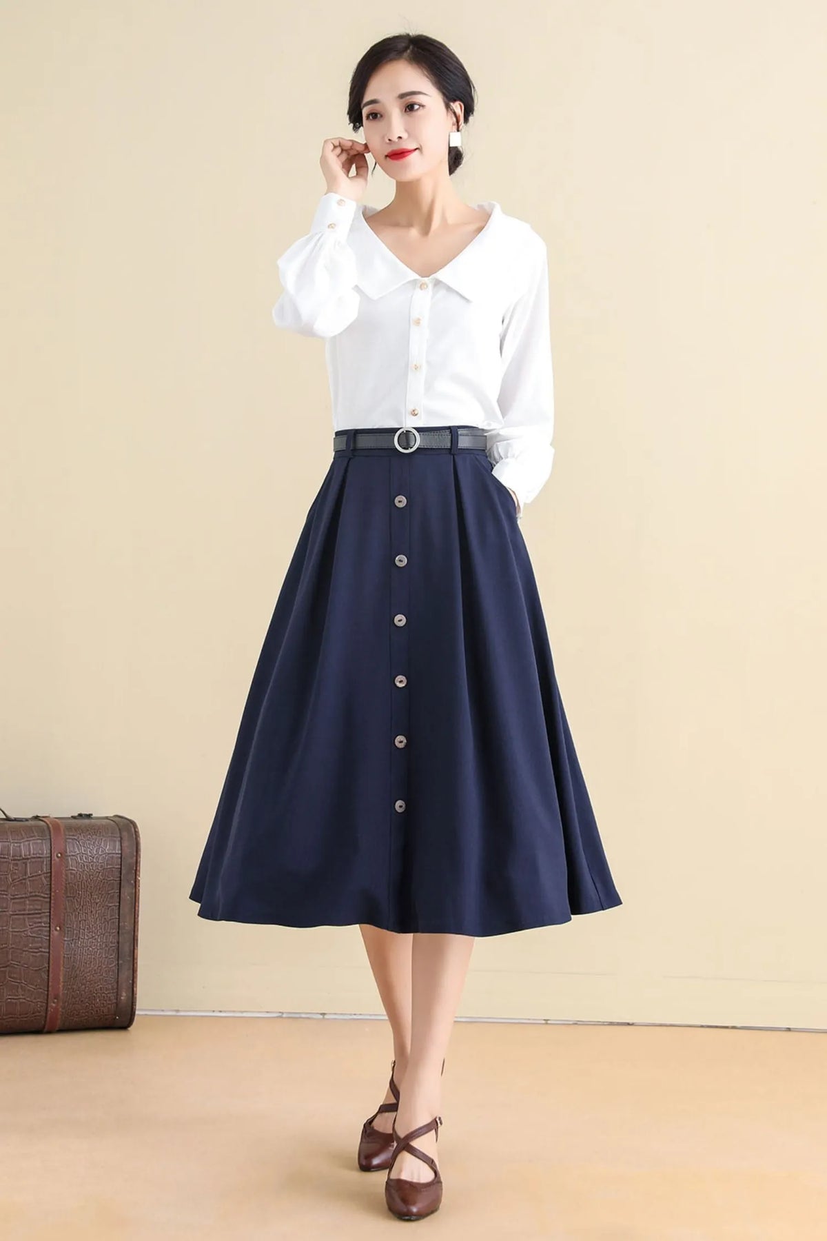 Navy Buttoned Cotton Blend Midi Skirt - A-Line, Vintage Inspired 2786