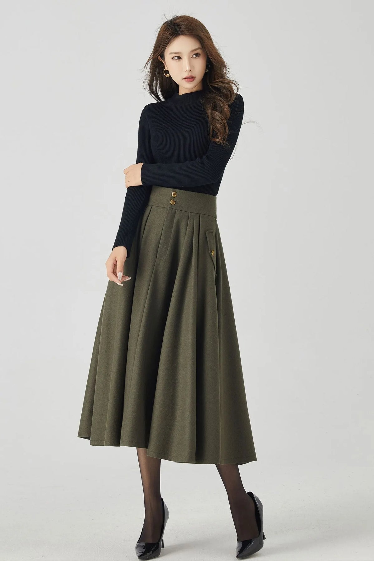 Vintage Wool Blend Pleated Midi Skirt – Handmade High Waist Winter Skirt 