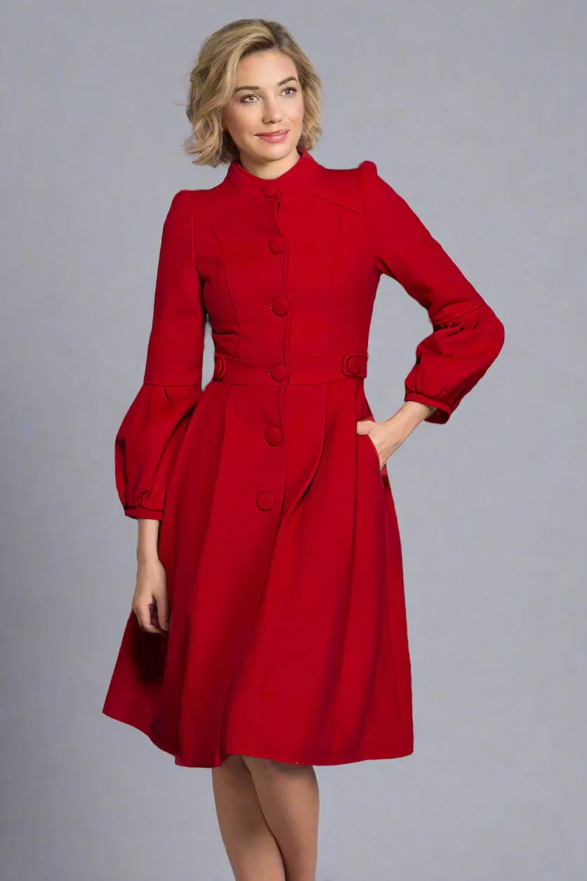 Women’s Red Wool Coat – Handmade Vintage Pleated Winter Dress Coat 1330