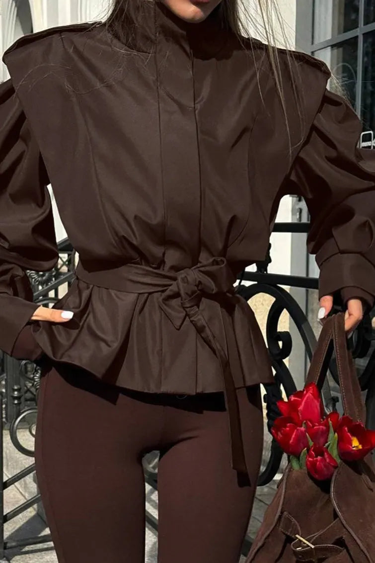 Tie-Waist Collared Long-Sleeve Loose Trench Coat