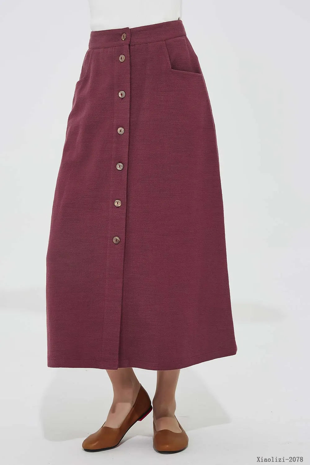 Wine Red Linen Midi Skirt - Button Front Fitted Waist 