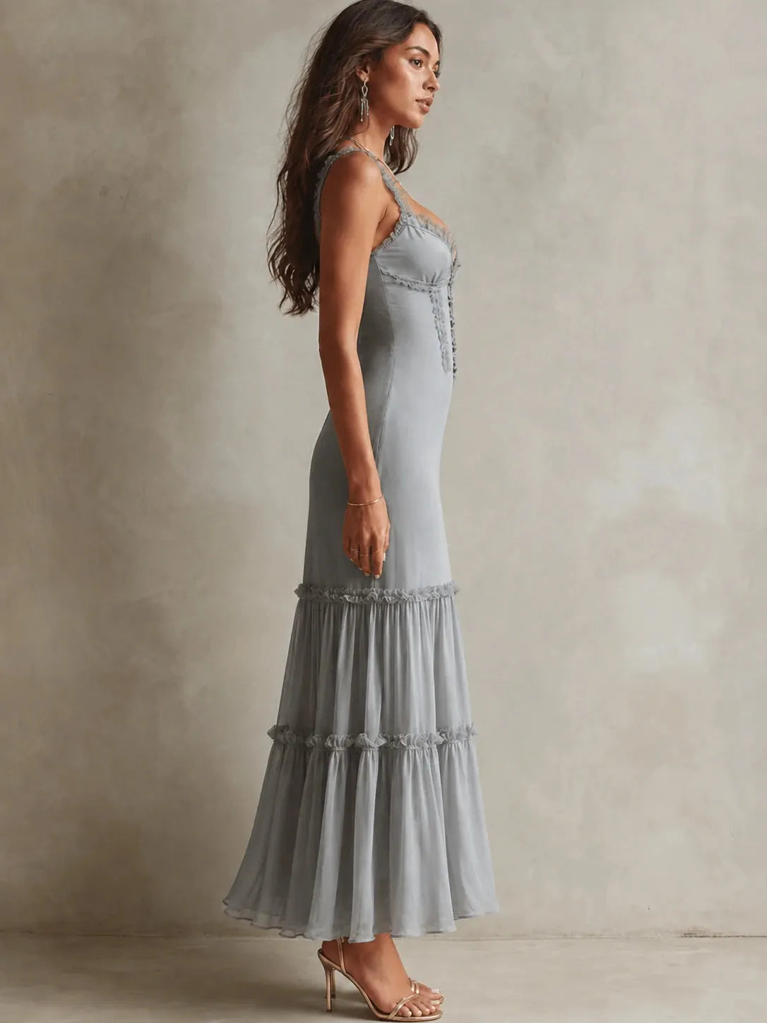 Bohemian Romantic Lace Trim Corset Chiffon Midi Dress