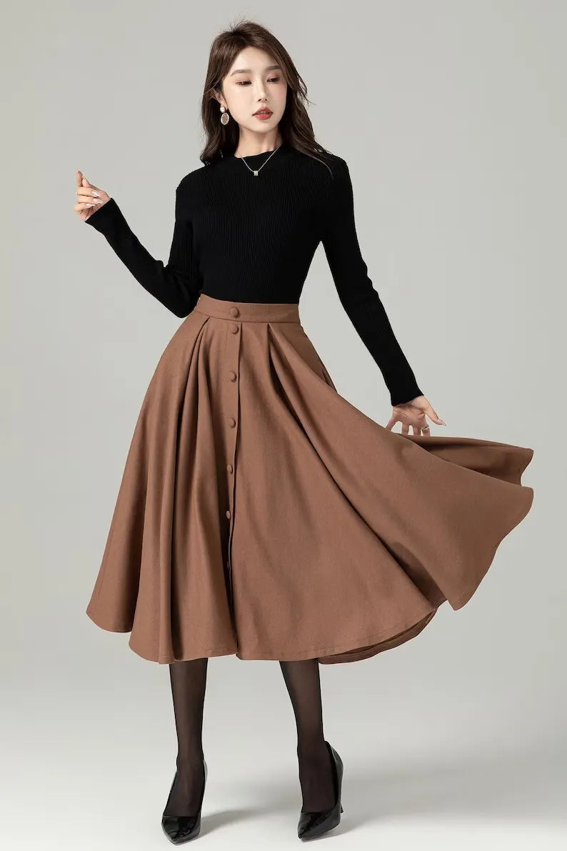Brown Wool Blend Midi Skirt – Handmade A-Line Button Front Winter Elegance 4496