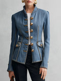 Retro Denim Stand Collar Military Jacket