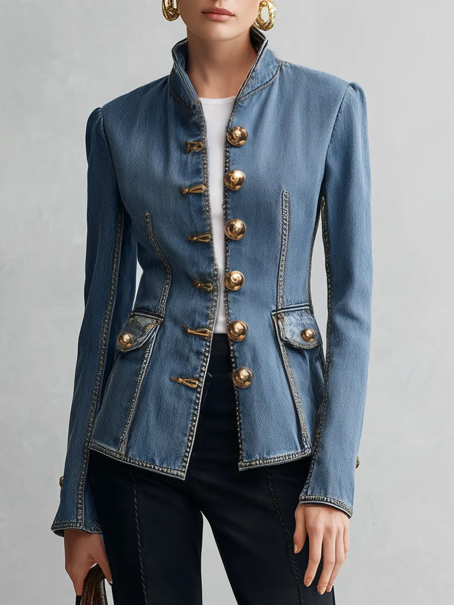 Retro Denim Stand Collar Military Jacket
