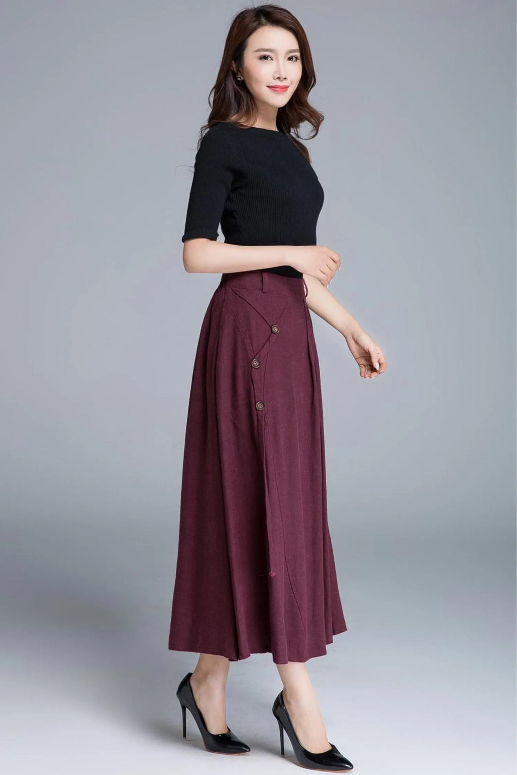 Burgundy Linen Maxi Skirt - High-Waist A-Line Pockets 