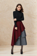 Dark Red Wool Maxi Skirt - Layered Houndstooth & Asymmetrical Hem 6516