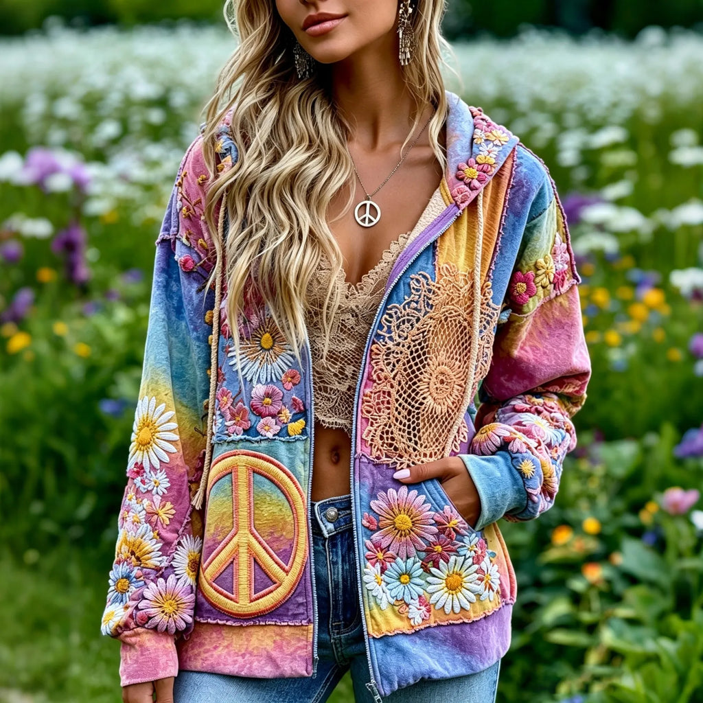 Women's Vintage Hippie Peace Floral Embroidery Art Casual Zipper Hoodie