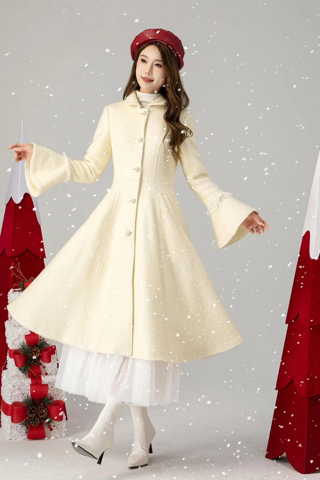 Beige Wool Swing Coat - Flared Sleeves, Knee-Length 4617