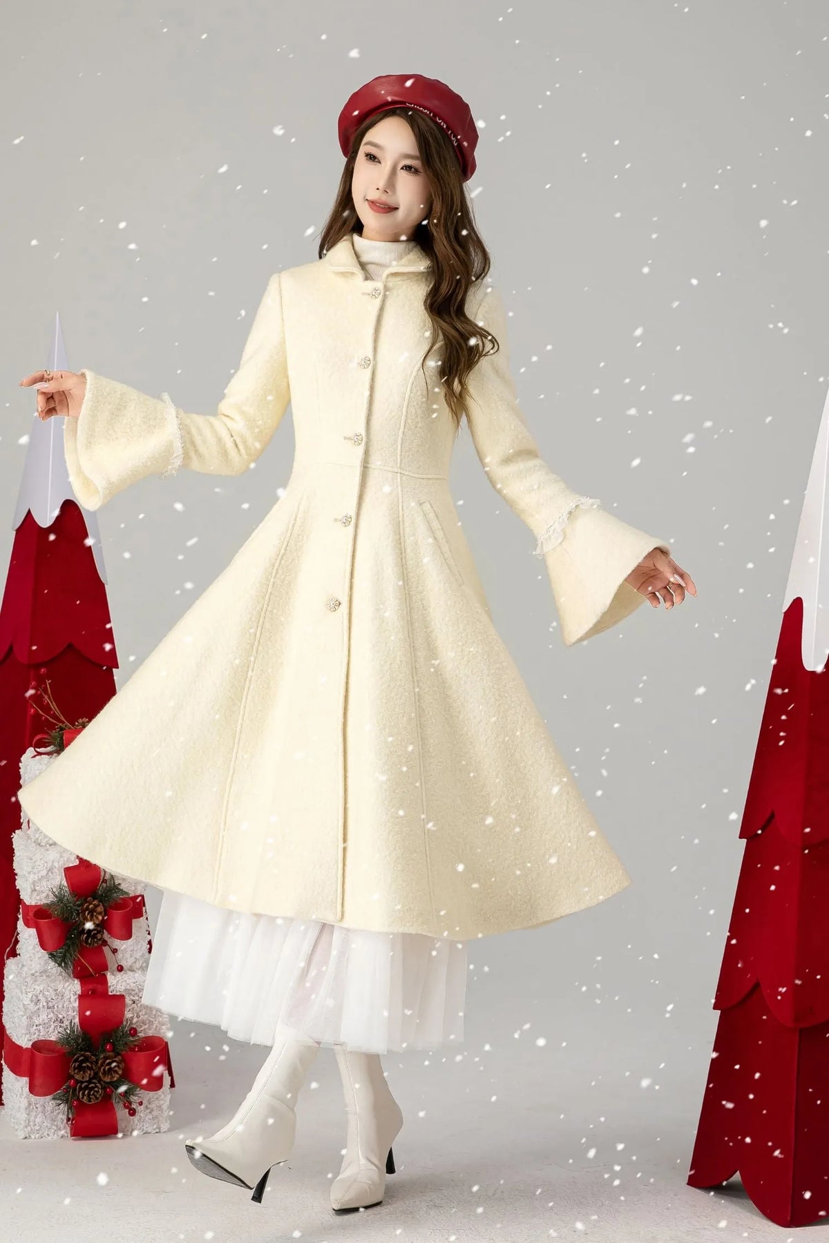 Beige Wool Swing Coat - Flared Sleeves, Knee-Length 4617