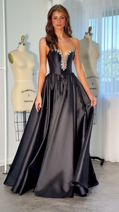black-satin-ball-gown-strapless-crystal-neckline-prom-dress-with-slit